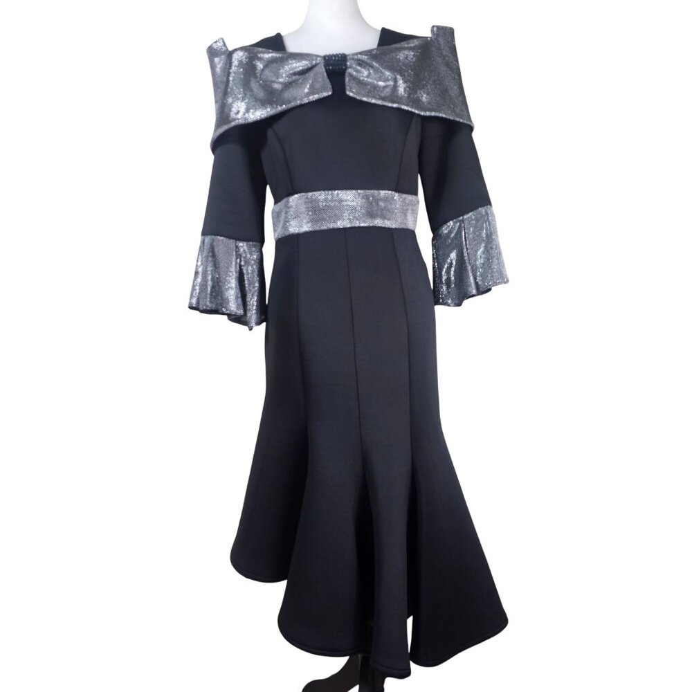Lily & Taylor Scuba Knit Dress 6 Black Silver‎ Flared Asymmetrical Gatsby Party